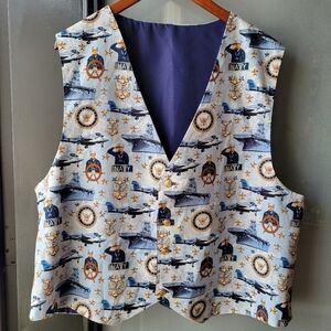 Vest Vintage Hand Crafted Navy Gold Tone Buttons XL Lightweight Graphic Ship
